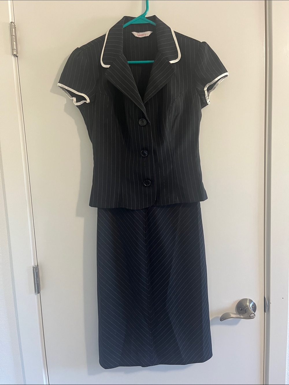 Speckles Vintage Pinstripe Two-Piece Black Dress Suit with White Trim